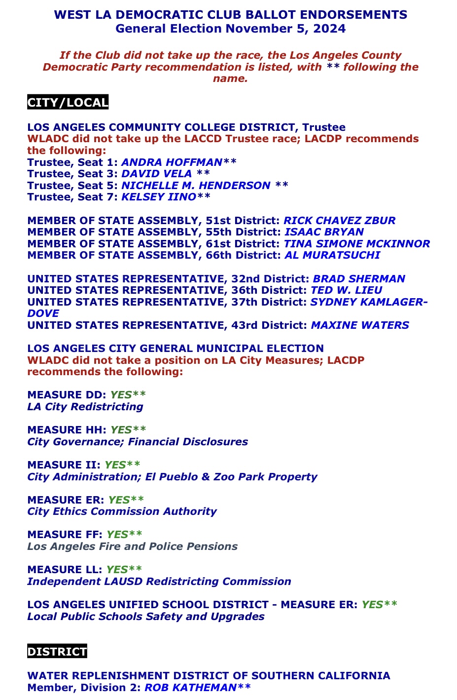 West LA Democratic Club ballot endorsements for the November 5, 2024 election