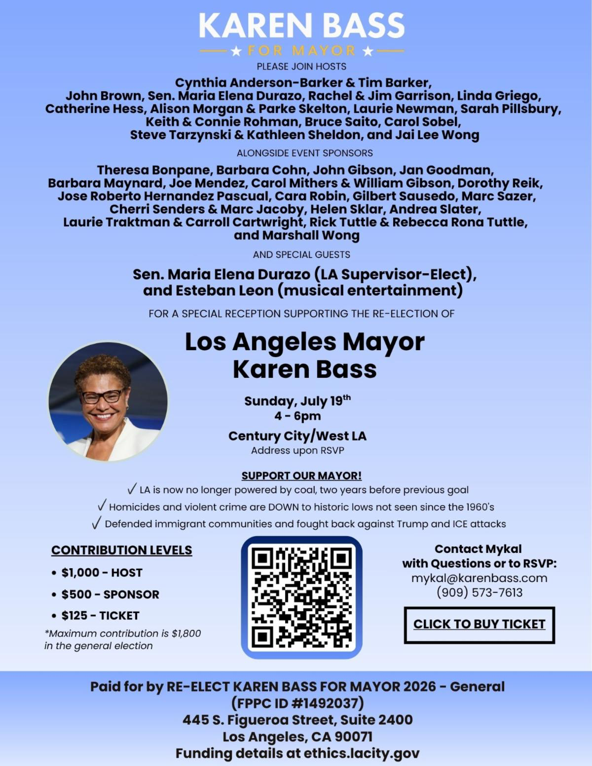 Please Join the West LA Democratic Club this Sunday for a Special Reception for our
Endorsed Mayoral Candidate
KAREN BASS! Special Guest Sen. Maria Elena Durazo (LA Supervisor-Elect) will be joining us, with musical entertainment by Esteban Leon.
We'll have a chance to hear from Mayor Bass about what she's accomplished in her first term and what she plans to accomplish in the second term.
Location: Near Westwood/Century City (address upon RSVP)
Date & Time: Sunday, July 19th from 4 - 6pm
Levels:
$1,000 - SPONSOR
$500 - TICKET
$125 - TICKET
The maximum contribution limit is $1,800 per individual.
RSVP https://act.karenbass.com/a/071926frank